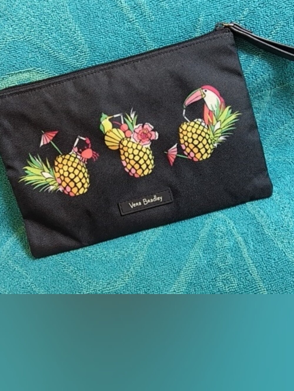 Vera Bradley Black Wristlet with Yellow, Pink and Green Pineapple Motif